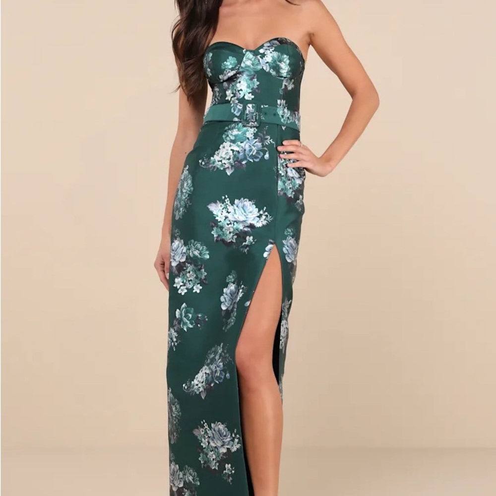 Lulu's Strapless Green Floral Maxi Dress